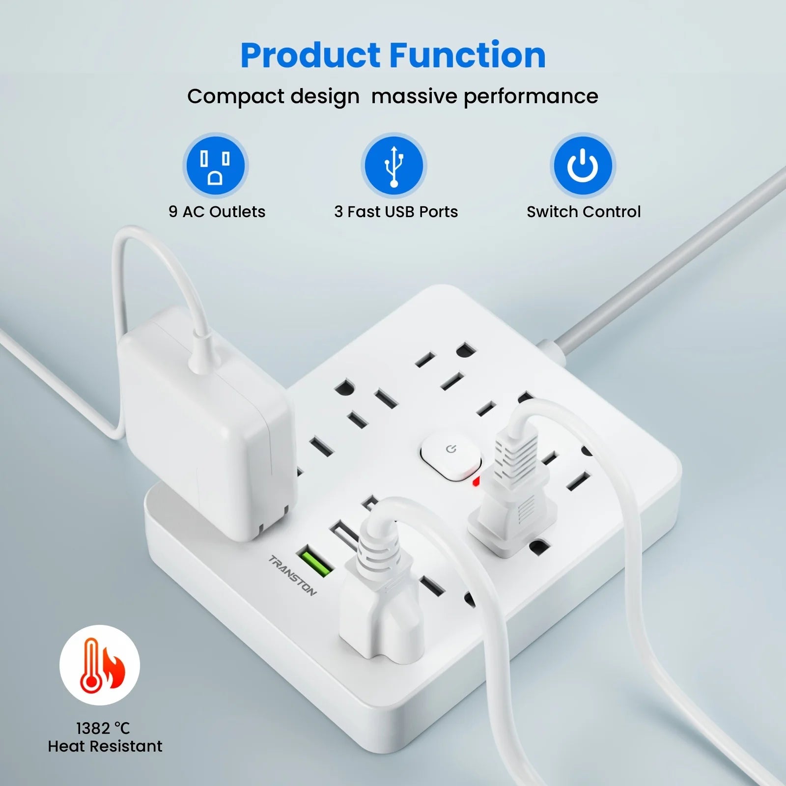 US Power Strip with AC Outlets & Fast-Charge USB-C Ports – Extension Cord (5 ft/10 ft)