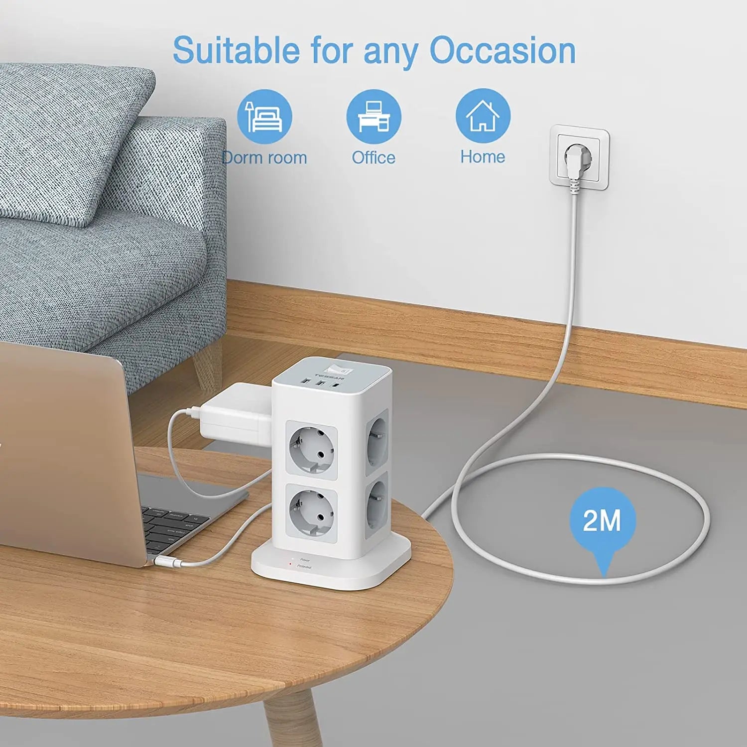 1-TESSAN Tower Power Strip Multi Outlets with 2 USB +1 Type C 2M Extension Cable EU Plug Vertical Electric Socket Surge Protection