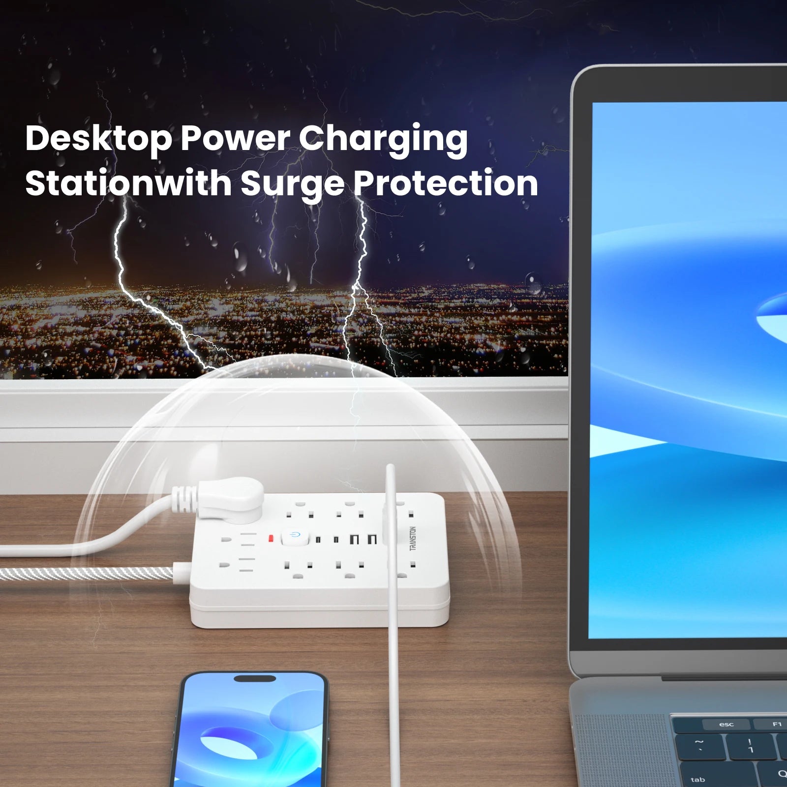 TRANSTON   power strip surge protector with 9 Ac Outlets,3 USB & 2 USB-C,5ft Cable,45° tilt plug,white