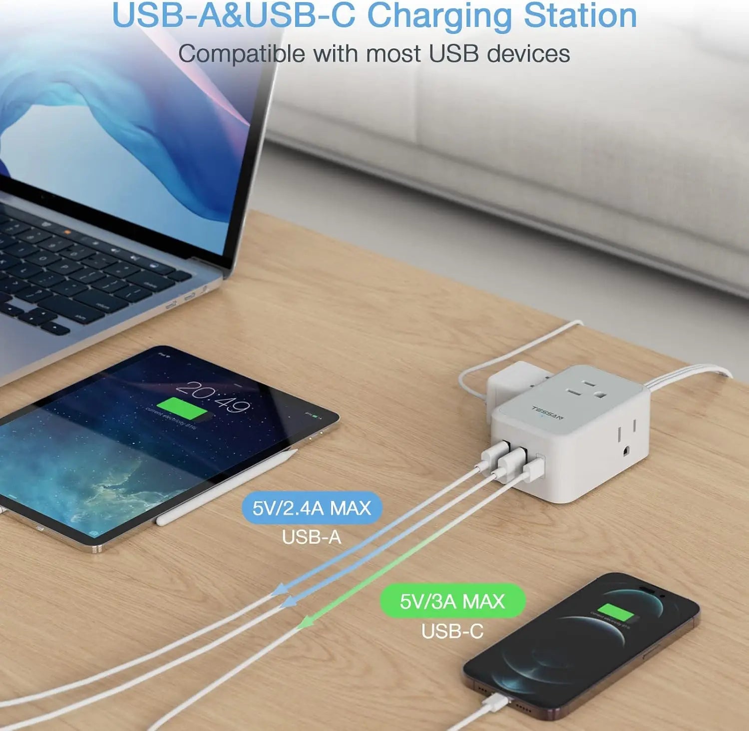 1-TESSAN Ultra Thin Extension Cord Power Strip with 3 USB 3 AC Adapter Mini Charging Station for Cruise Travel Office School Home