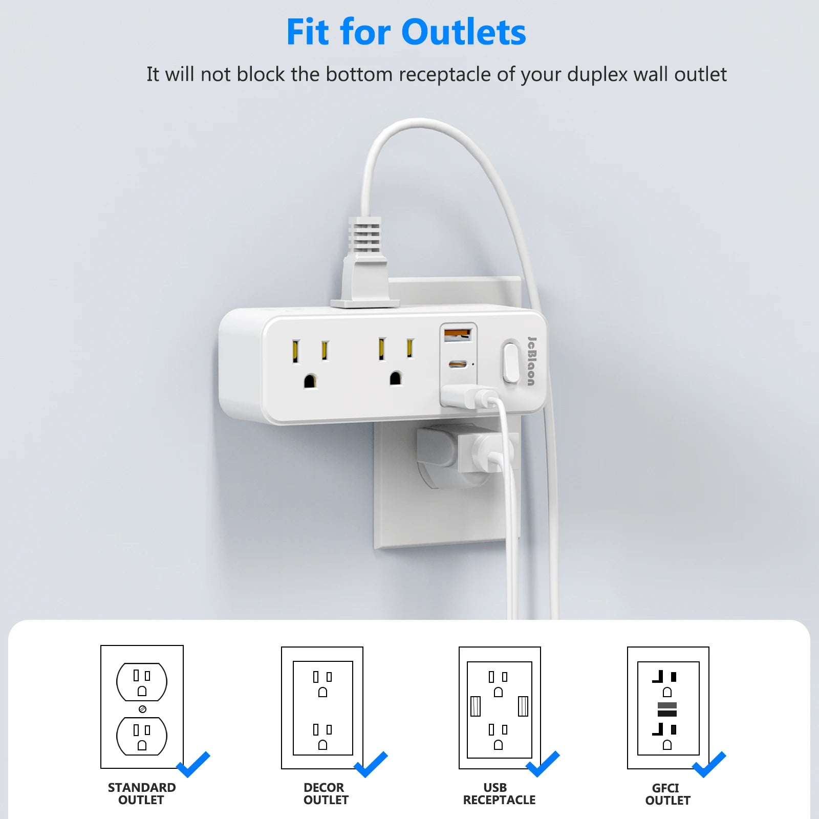 360°Rotating Plug US Power Strip with 6 AC Outlets 3 USB Ports 1 Type-C,Multiple Wall Socket with Switch Network Filter for Home