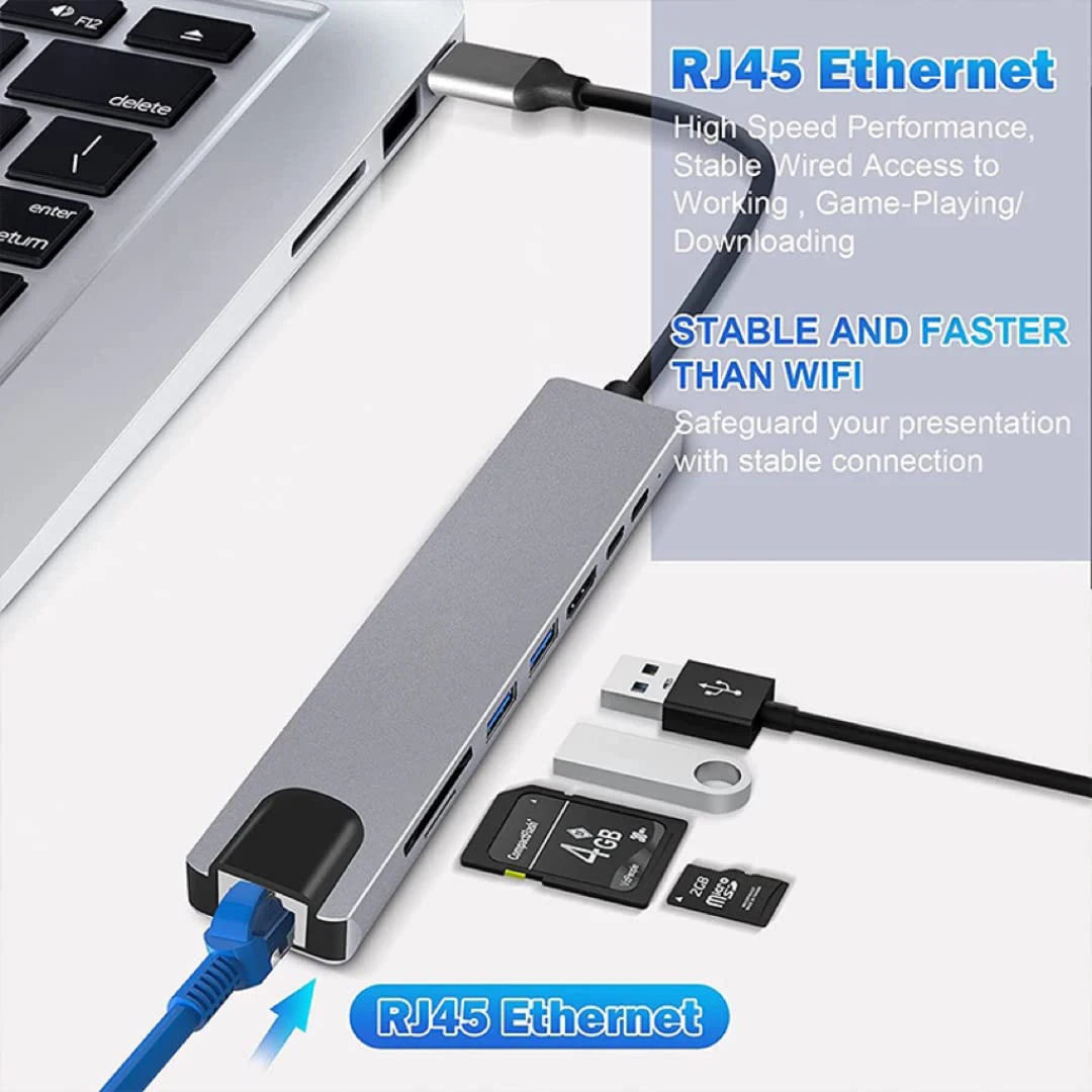 4-8 in 1 USB C Hub Type C to 4K HDTV Adapter with RJ45 SD/TF Card Reader Fast Charger for MacBook Notebook Windows Laptop Computer