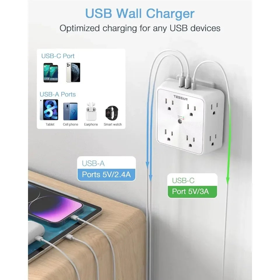 1-TESSAN Surge Protector Wall Strip with 8 AC Outlets 2 USB A and 1 USB C Surge Protector Multi Outlet Extender for Home Office