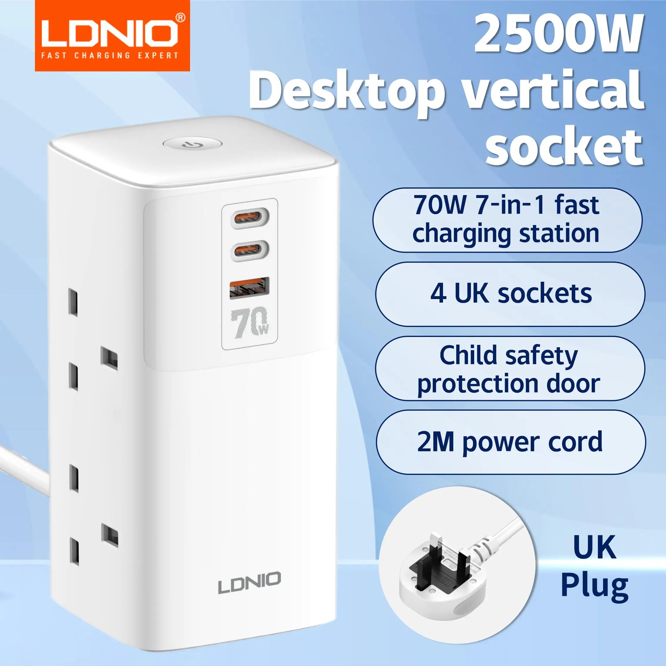 1-Tower 4 Way Outlets Socket 70W USB Multi Power Strip Vertical 2m Extension Power Cord UK EU US AU Plug with Overload Protector