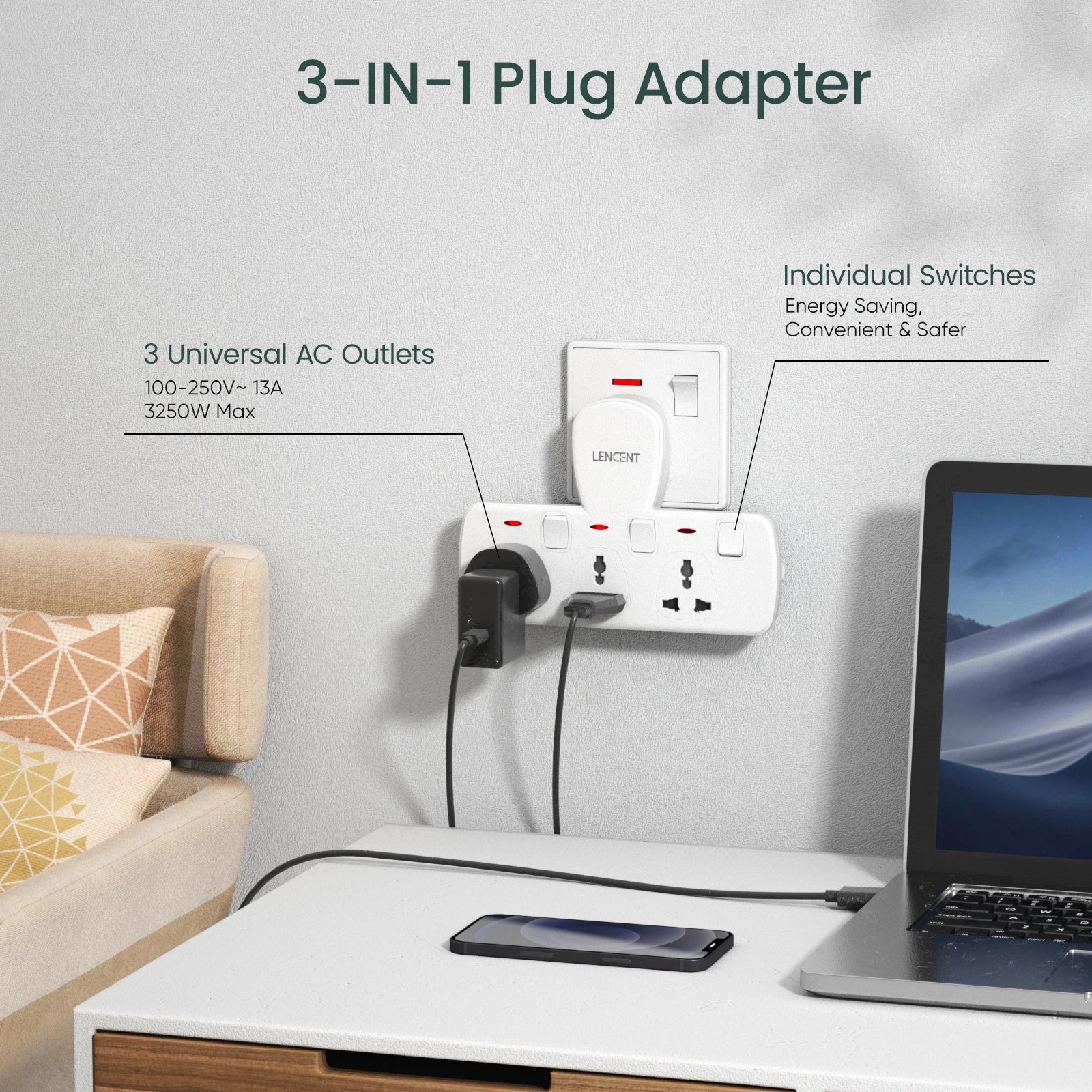 3-IN-1 Plug Adapter with universal AC outlets and individual switches on a desk with a laptop and phone.