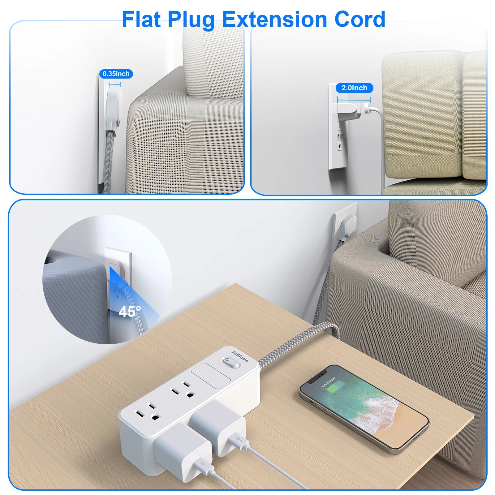 Flat plug extension cord with smartphone on a table, showing product details and usage.