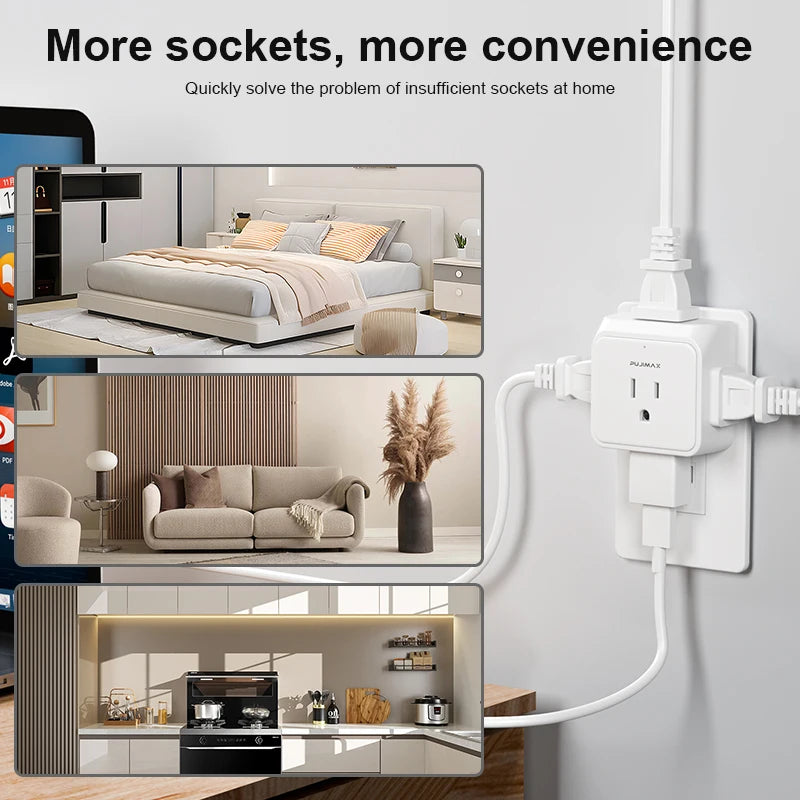 Wall-mounted electrical outlet with multiple sockets in a home setting, featuring text 'More sockets, more convenience'.