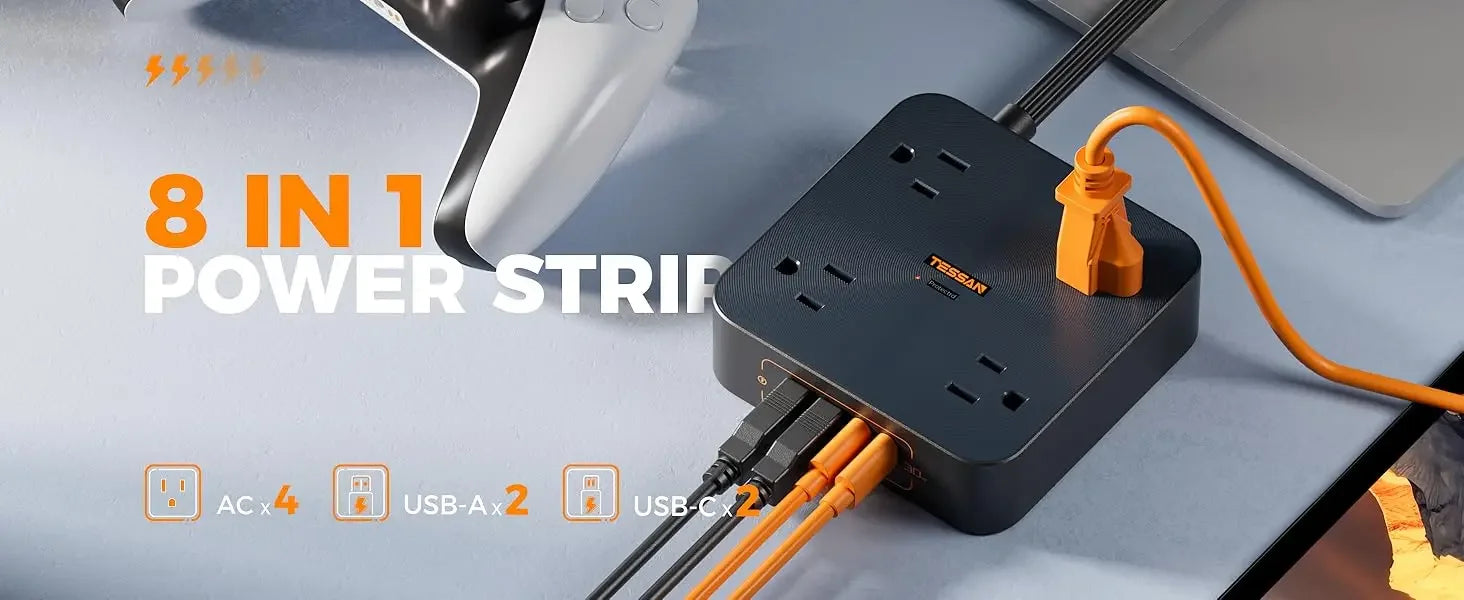 1-TESSAN Electrical Extension Flat Plug Type C Multi-Plug Strap Multi-Plug Connector with 8 AC Outlets and 3 USB Ports (1 Type C)
