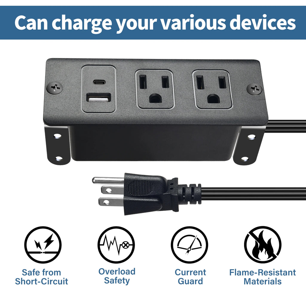 Black power strip with multiple outlets and USB ports on a white background, featuring text and icons indicating safety features.
