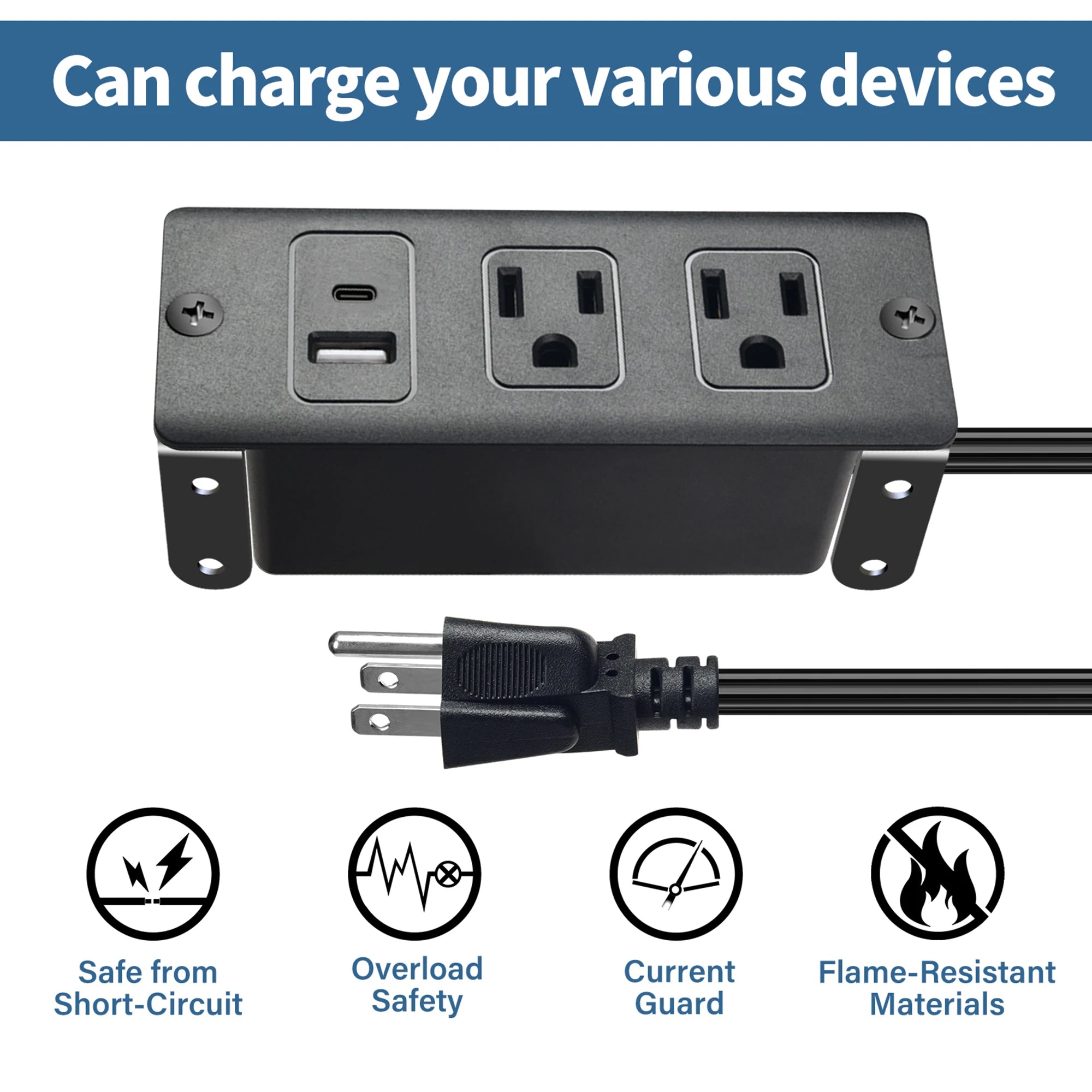 Black power strip with multiple outlets and USB ports on a white background, featuring text and icons indicating safety features.