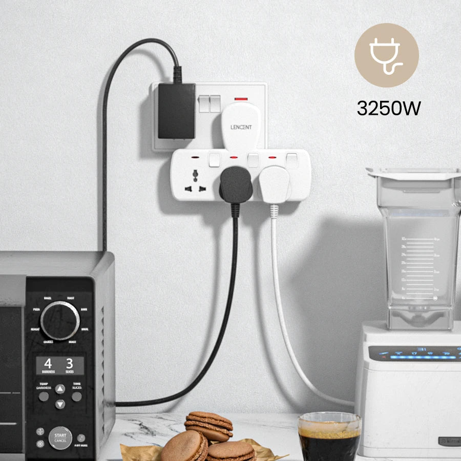 LENCENT multi plug extension socket with  universal AC outlets and individual
switches, white
