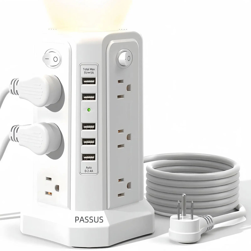 Passsus Power Tower Surge Protector with USB Night with 5 USB, 3M extension cable with 12 AC, suitable for office and home