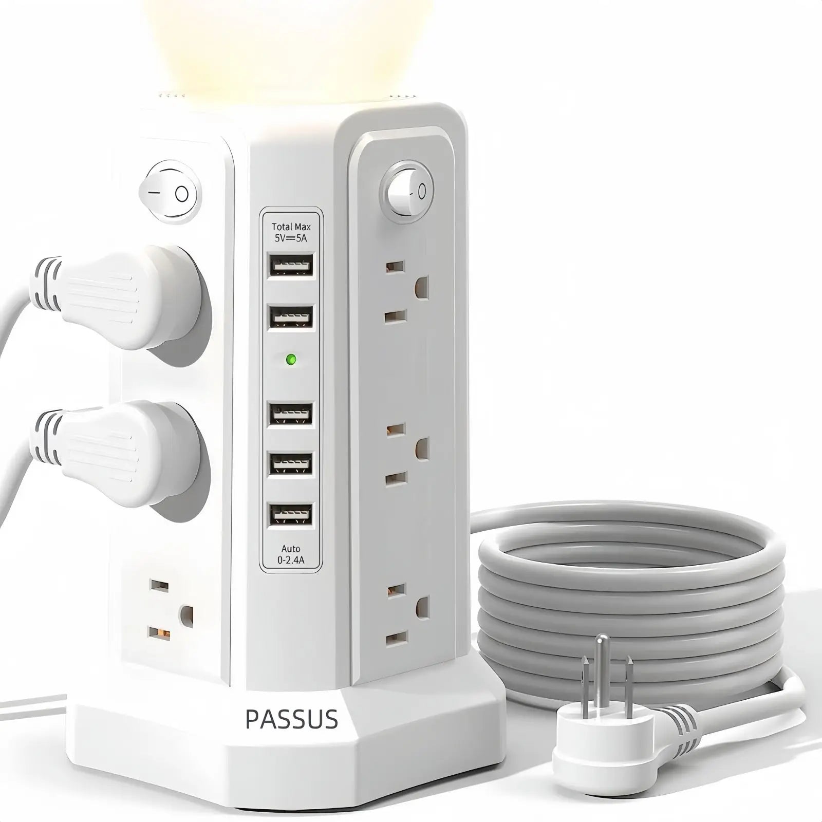 Passsus Power Tower Surge Protector with USB Night with 5 USB, 3M extension cable with 12 AC, suitable for office and home