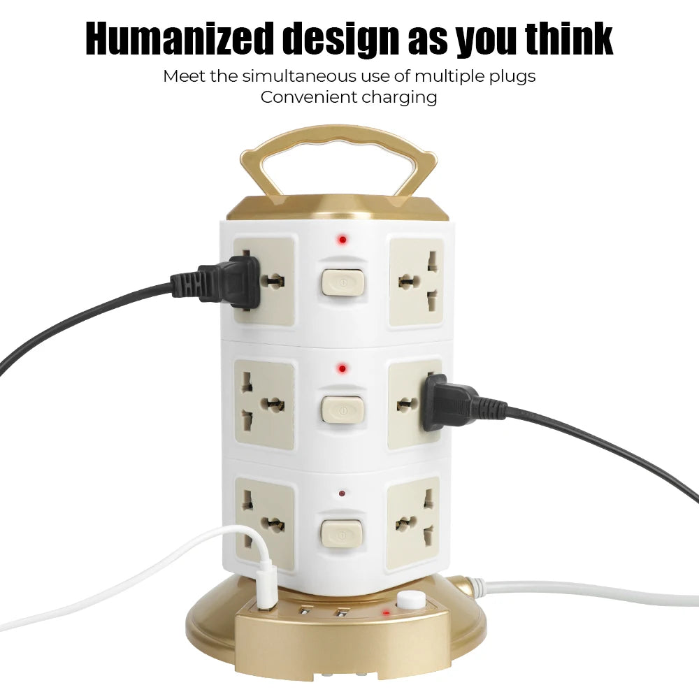 Universal Tower Power Strip (2500W) | 12 Outlets & 3 USB Ports