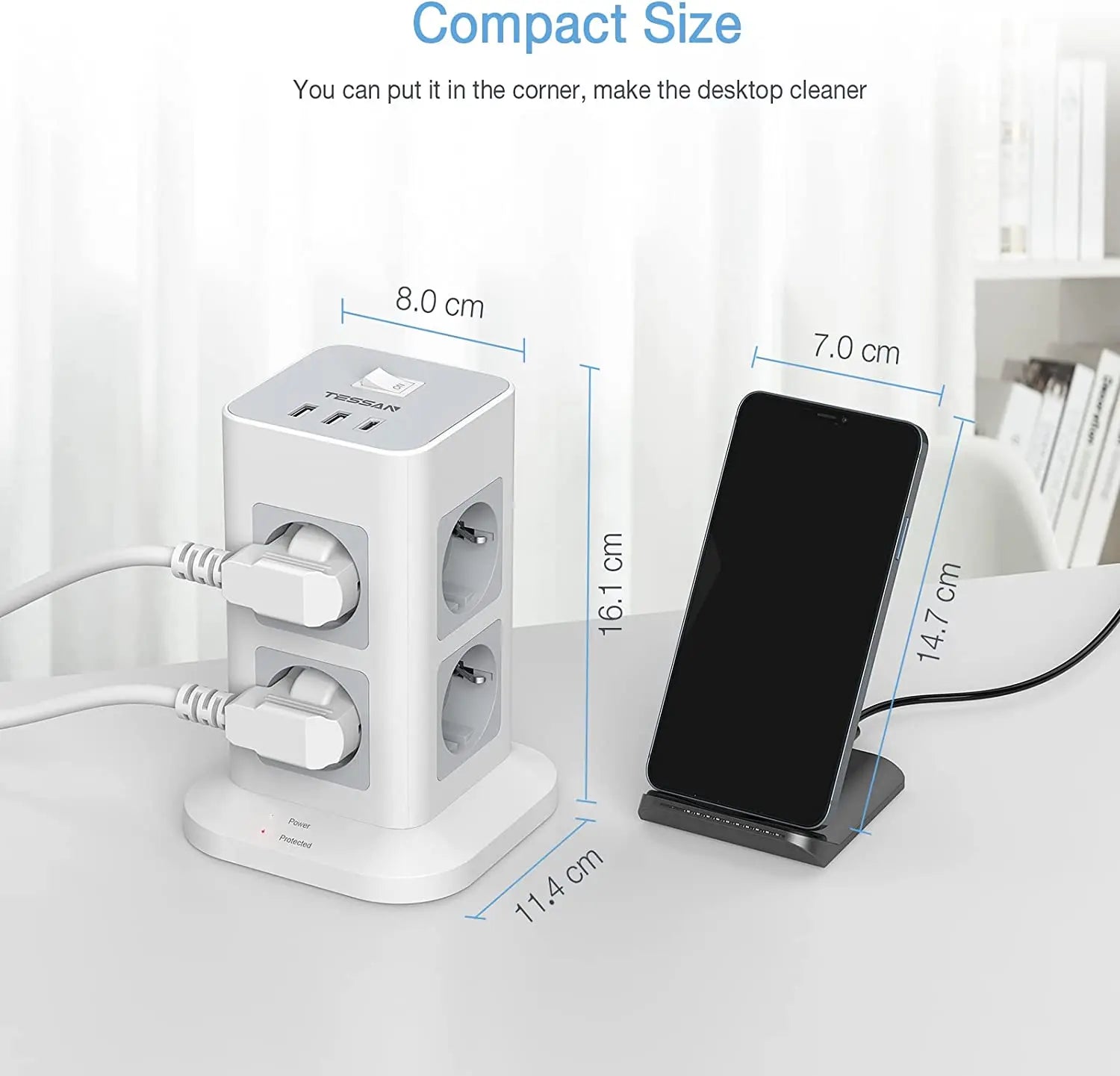 1-TESSAN Tower Power Strip Multi Outlets with 2 USB +1 Type C 2M Extension Cable EU Plug Vertical Electric Socket Surge Protection