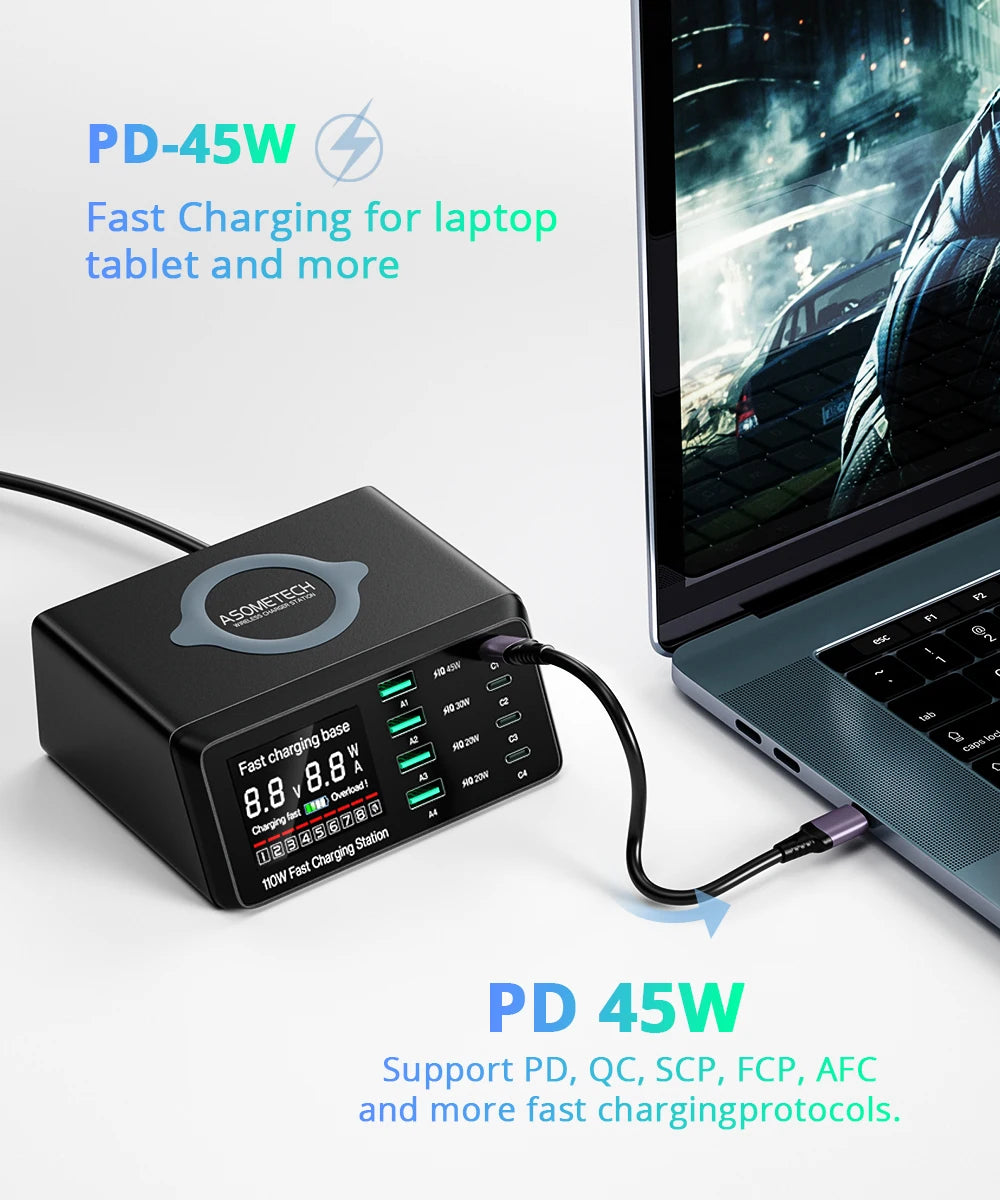 4-ASOMETECH 110W USB Type C Charger Wireless Charing Multi Ports Fast Phone Charger PD QC3.0 Quick Charge For iPhone 14 13 Xiaomi