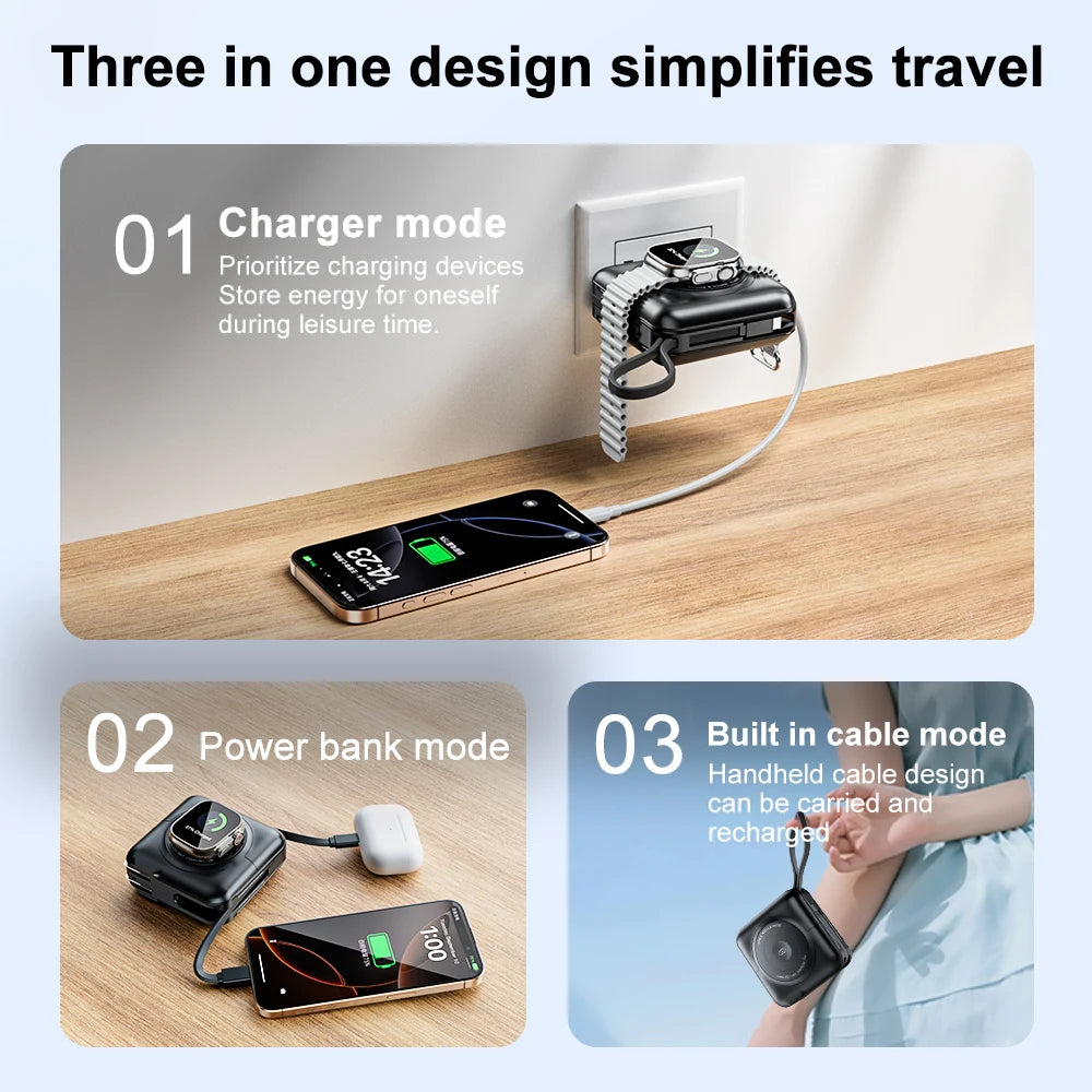 15000mAh Magnetic Wireless Apple Watch Power Bank Type-C 45W Fast Charging With Dual Cables AC Plug for iPhone Android Airpods