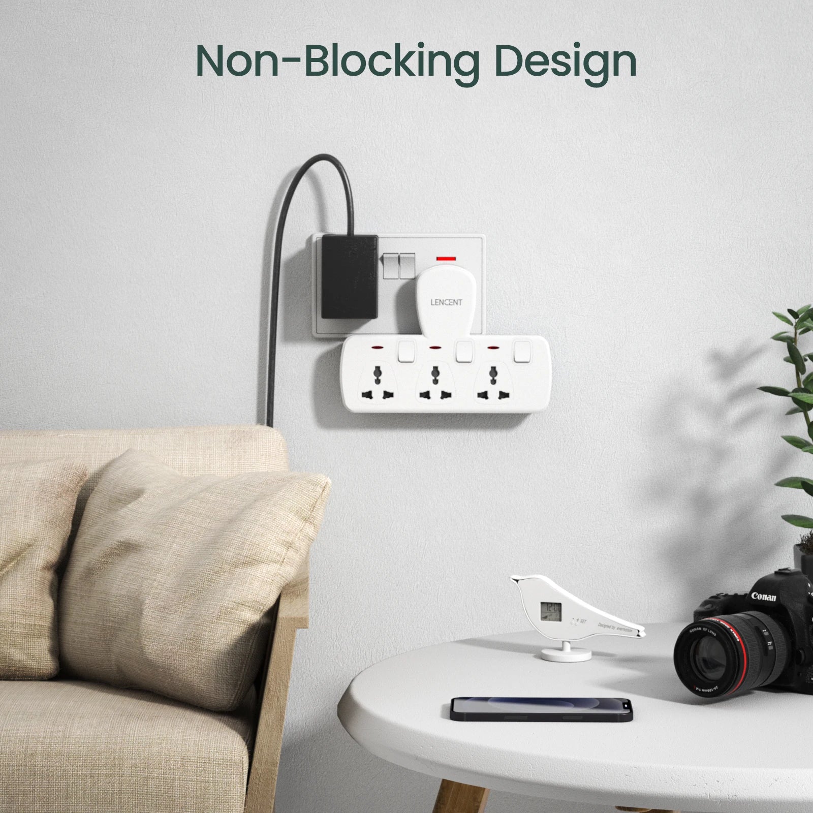 Wall-mounted power strip with multiple outlets in a living room setting.