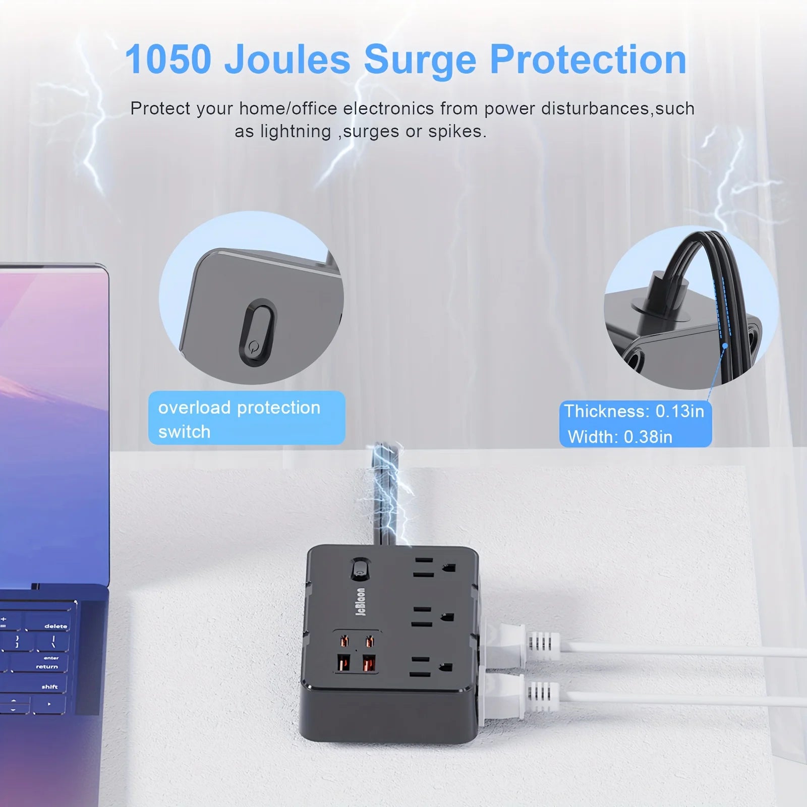 1-Surge Protector with 6 Widely Outlets Extender 4 USB Ports, 5ft Power Strip Ultra Thin Flat Plug, Power Adapter for Home Office
