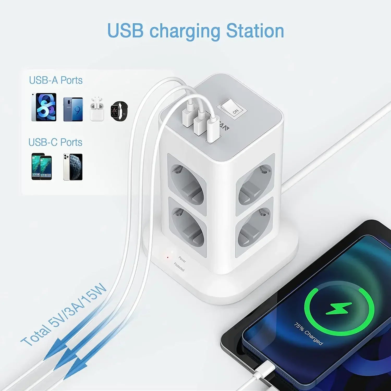 1-TESSAN Tower Power Strip Multi Outlets with USB A +1 Type C 2M Extension Cable EU Plug Vertical Electric Socket Surge Protection