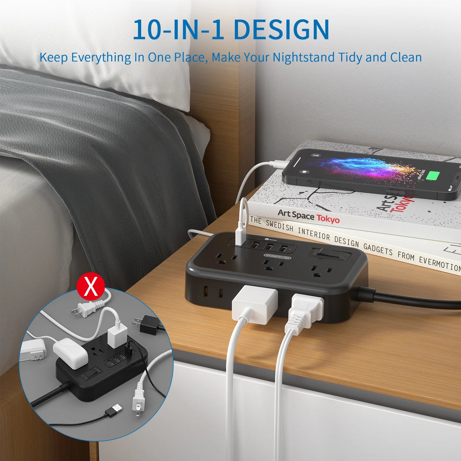 6-Outlet Power Strip with 4 USB Ports 15.5W Fast Charge & 15FT Extension Cord Surge Protector & Network Filter US Plug 100-240V