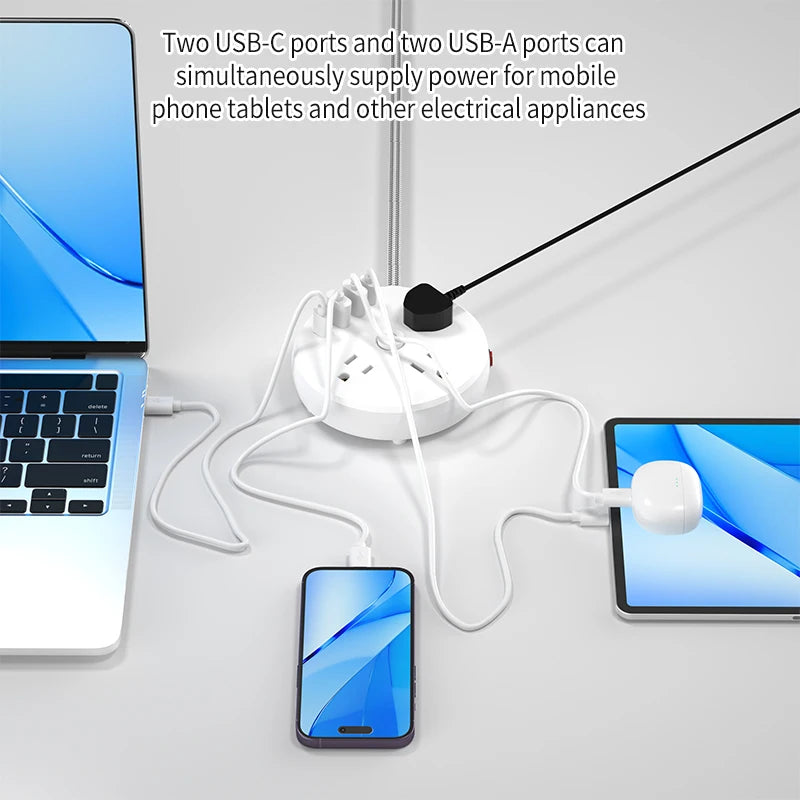 1-1 round desktop power socket with flat braided wire of 1.45m /4.75ft, 7-in-1 multifunctional design, including anti-surge and an