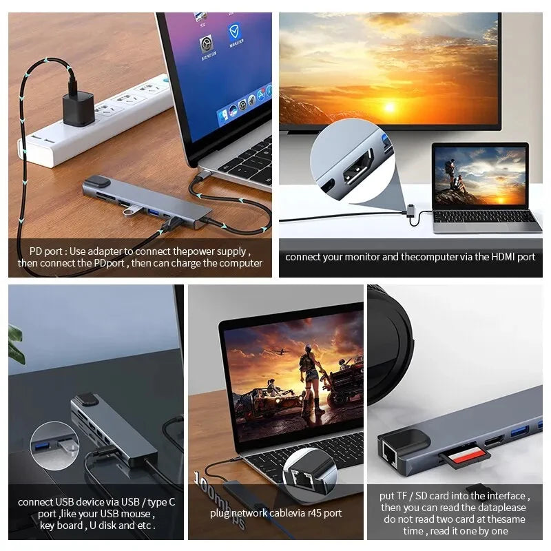 4-8 in 1 USB C Hub Type C to 4K HDTV Adapter with RJ45 SD/TF Card Reader Fast Charger for MacBook Notebook Windows Laptop Computer