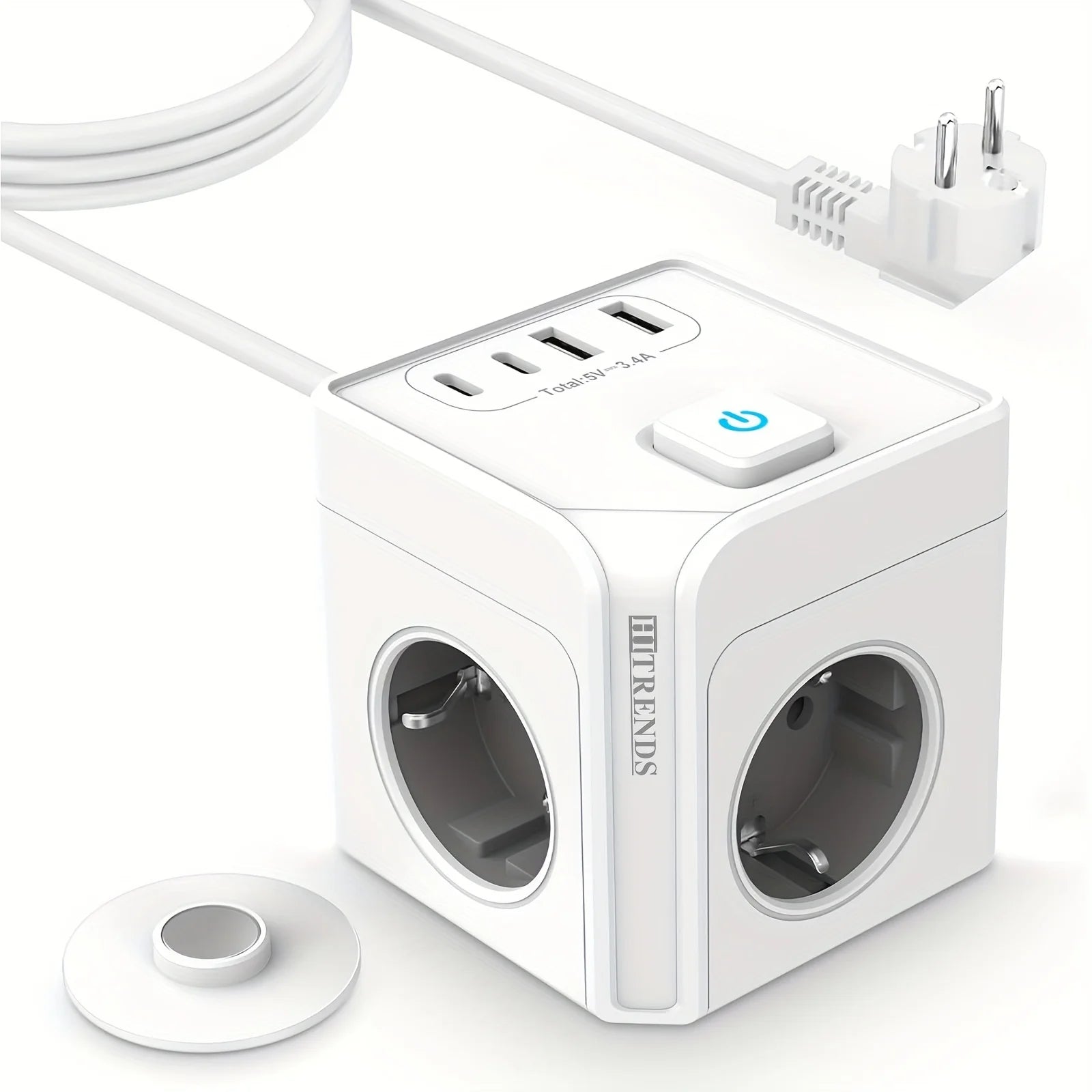 Cube Power Cord 4 USB Magnetic Socket Cube, 3 Partitions, with 2 Usb-C and 2 Usb-A, Multi-Socket Cube Power Cord with Switch Multi-Plug, Suitable for Office, Home