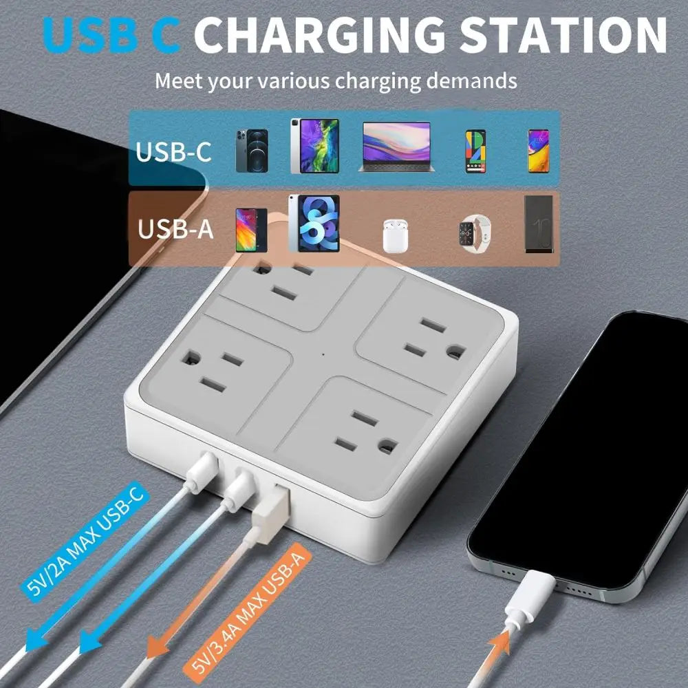1-Smart US Power Strip with USB-C – 4 AC Outlets, 3 USB Ports, 1.2m Cord, 1250W