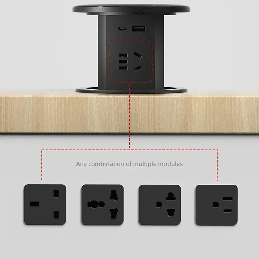 Black power outlet module on a wooden surface with additional modules displayed below.