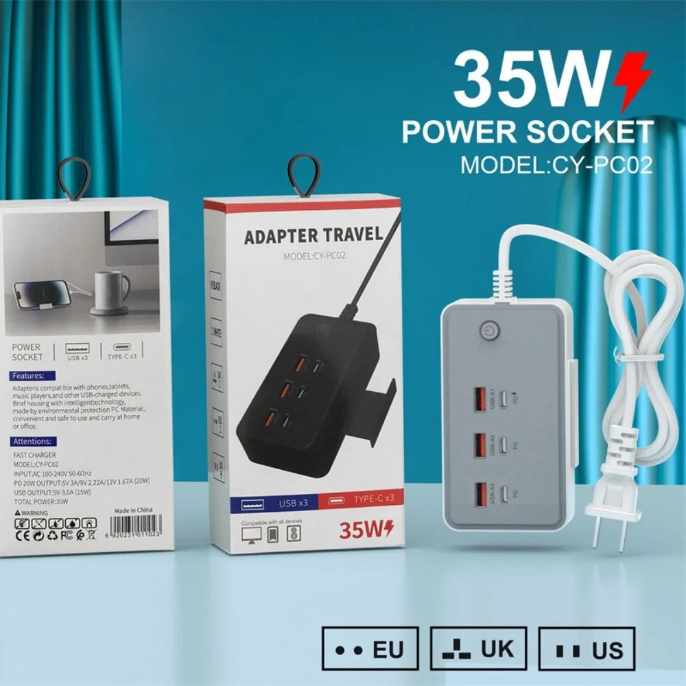 35W Multifunction USB Type C Quick Charge Power Socket with Telescopic Holder 3USB3PD Fast Charging Power Strip For Phone Tablet