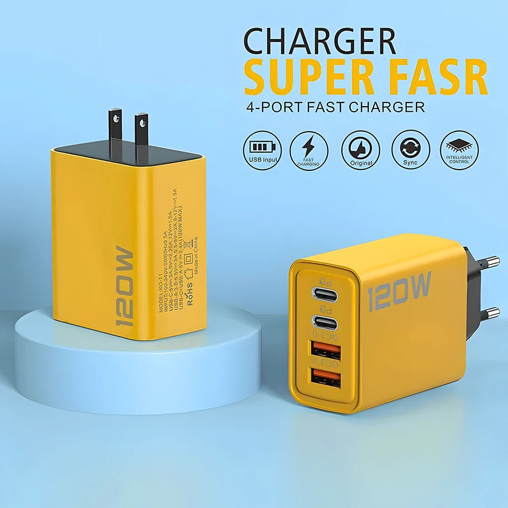 4‑Port USB‑C PD & QC 3.0 Wall Charger – Fast Charging Adapter for iPhone, Samsung
