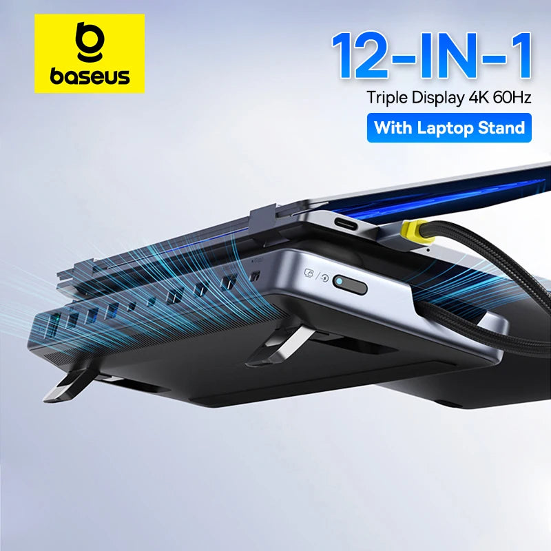 Baseus EH3 12-in-1 USB C Hub HDMI DP 4K 60Hz Triple Display 3.2 for MacBook Laptop PD 100W Type C HUB with Stand Docking Station