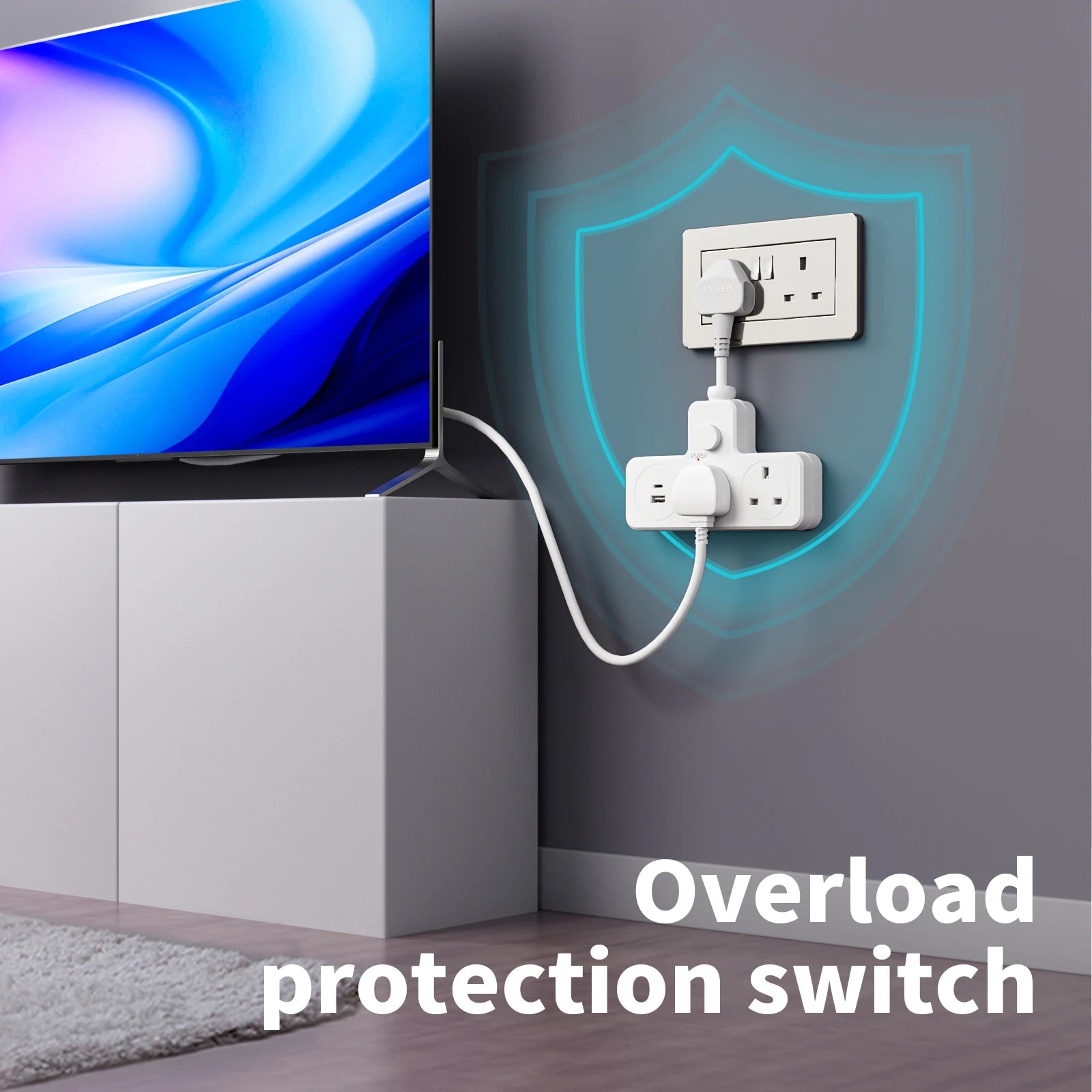 Smart home setup with a TV and power strip featuring an overload protection switch.