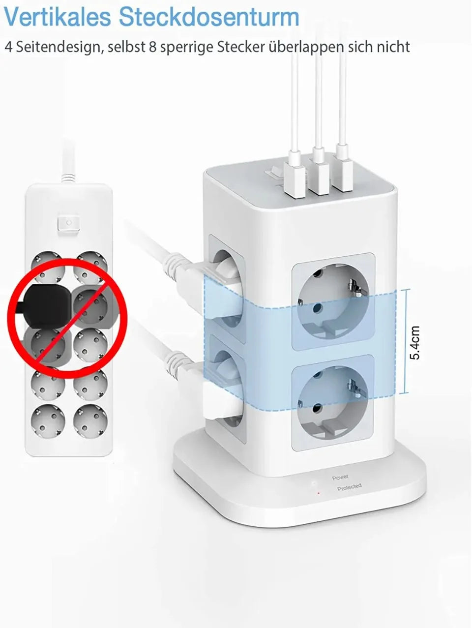 1-TESSAN Tower Power Strip Multi Outlets with USB A +1 Type C 2M Extension Cable EU Plug Vertical Electric Socket Surge Protection