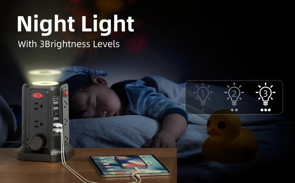  PASSUS tower power strip with USB-C PD 18W fast charging and 12 outlets