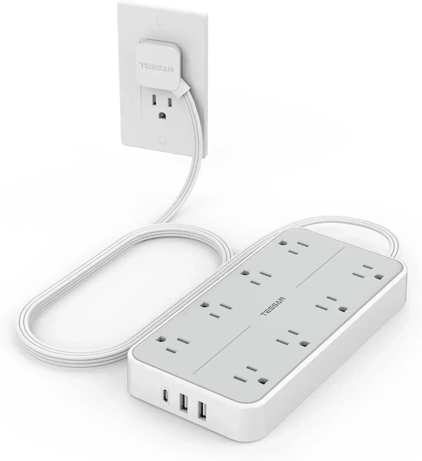 1-TESSAN Electrical Extension Flat Plug Type C Multi-Plug Strap Multi-Plug Connector with 8 AC Outlets and 3 USB Ports (1 Type C)