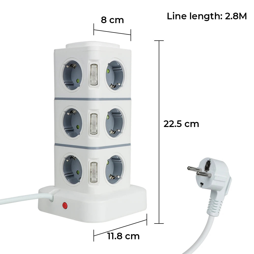 1-Tower 12 Way Outlets Socket Multi Power Strip Vertical 2.8m Extension Cord EU Plug with 4 USB Overload Protector Switch 220V 10A