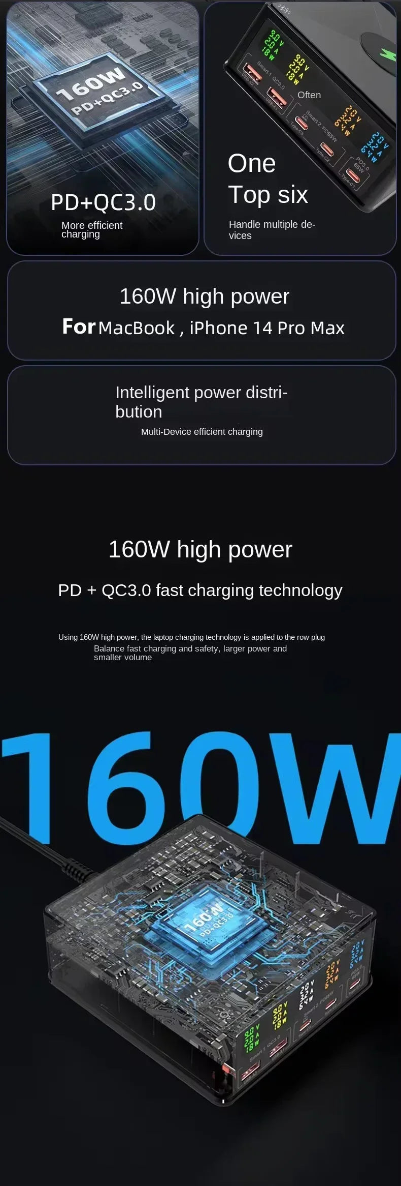 1-160W USB C GaN Charger Wireless Charger PPS PD 65W 100W Desktop Fast Charging Station Power for MacBook Tablet iPhone 16 Samsung