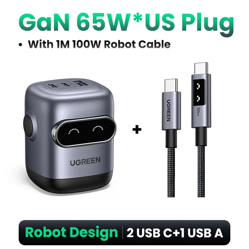 【US Plug】UGREEN 65W 30W GaN Charger Robot Design QC4.0 3.0 PPS for iPhone 16 15 14 Pro Macbook Laptops Tablet PD3.0 Fast Charger