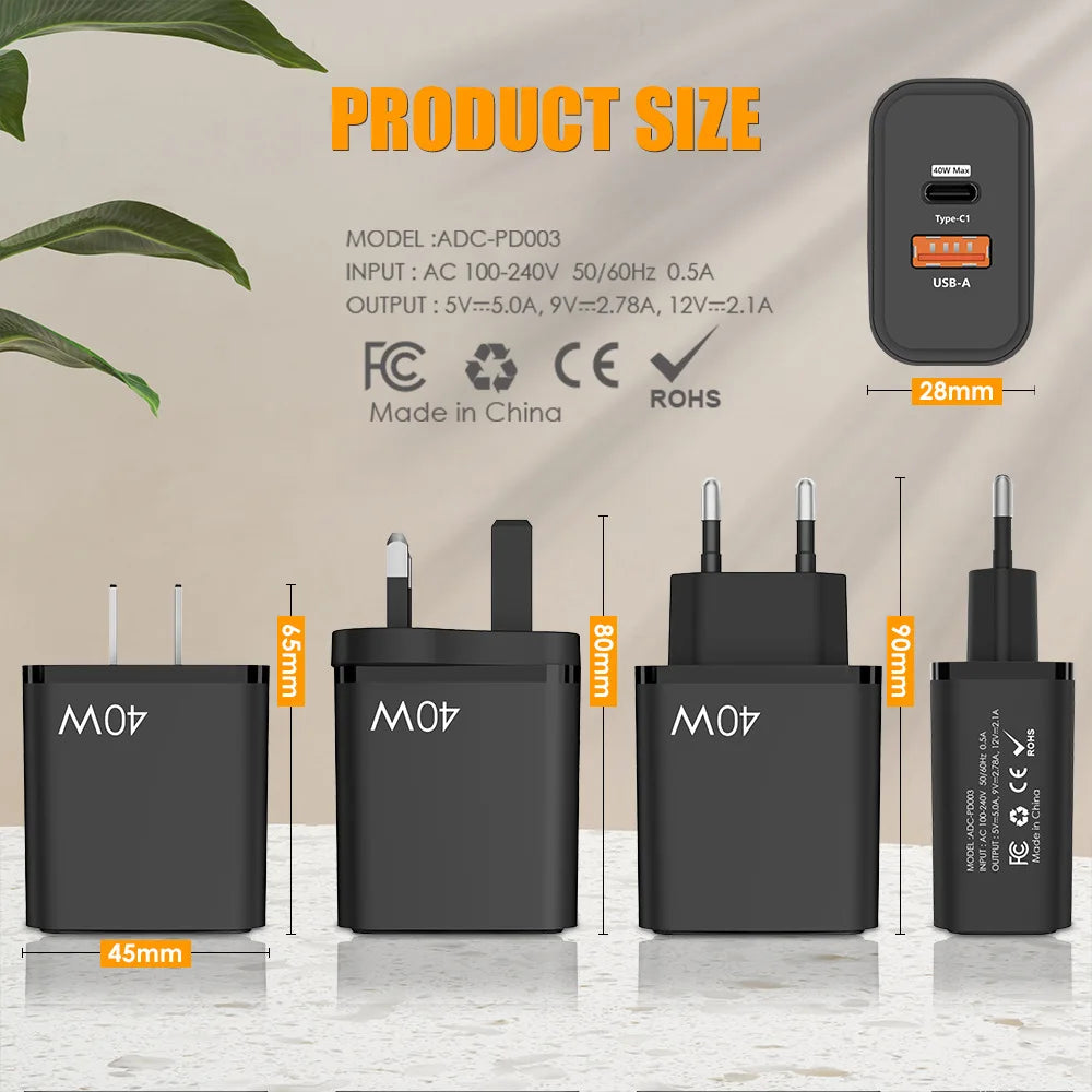 4-Total 40W 1 USB Charger 1 Type C PD Fast Charge For iPhone 12 13 Max Samsung S21 Huawei Xiaomi Mobile Phone EU/US/UK Plug Wall C