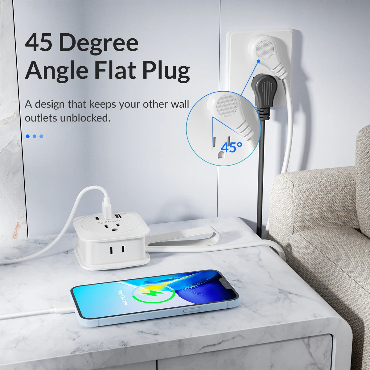 1-ORICO Power Strip 2AC multi USB Portable Socket Strip US plug Travel Extension Cord for fast charging with Type-C USB ports