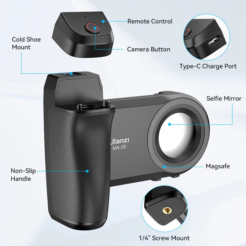 Ulanzi MA35 Selfie HandGrip Booster Bluetooth Shutter for iPhone 16 15 Android phone Photo Stabilizer Cold Shoe 1/4" Screw Mount