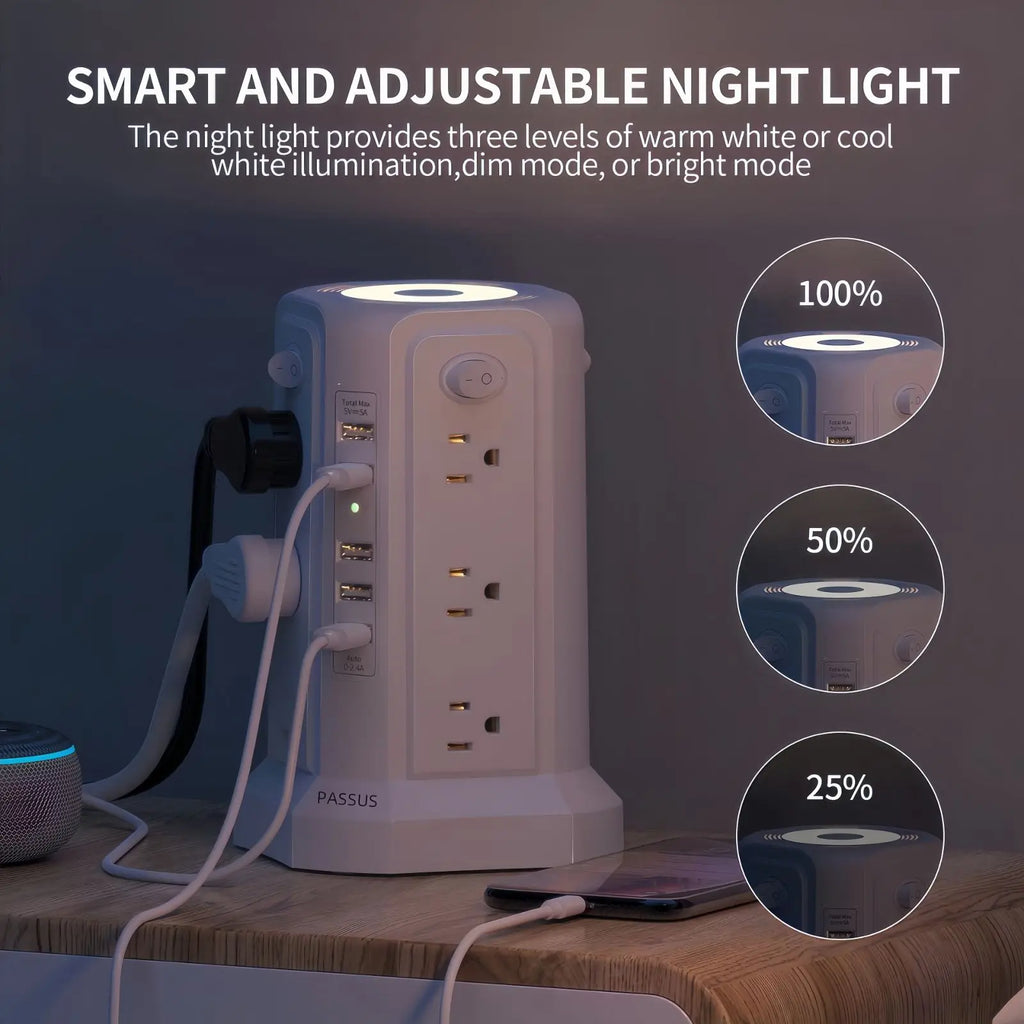 Passsus Power Tower Surge Protector with USB Night with 5 USB, 3M extension cable with 12 AC, suitable for office and home