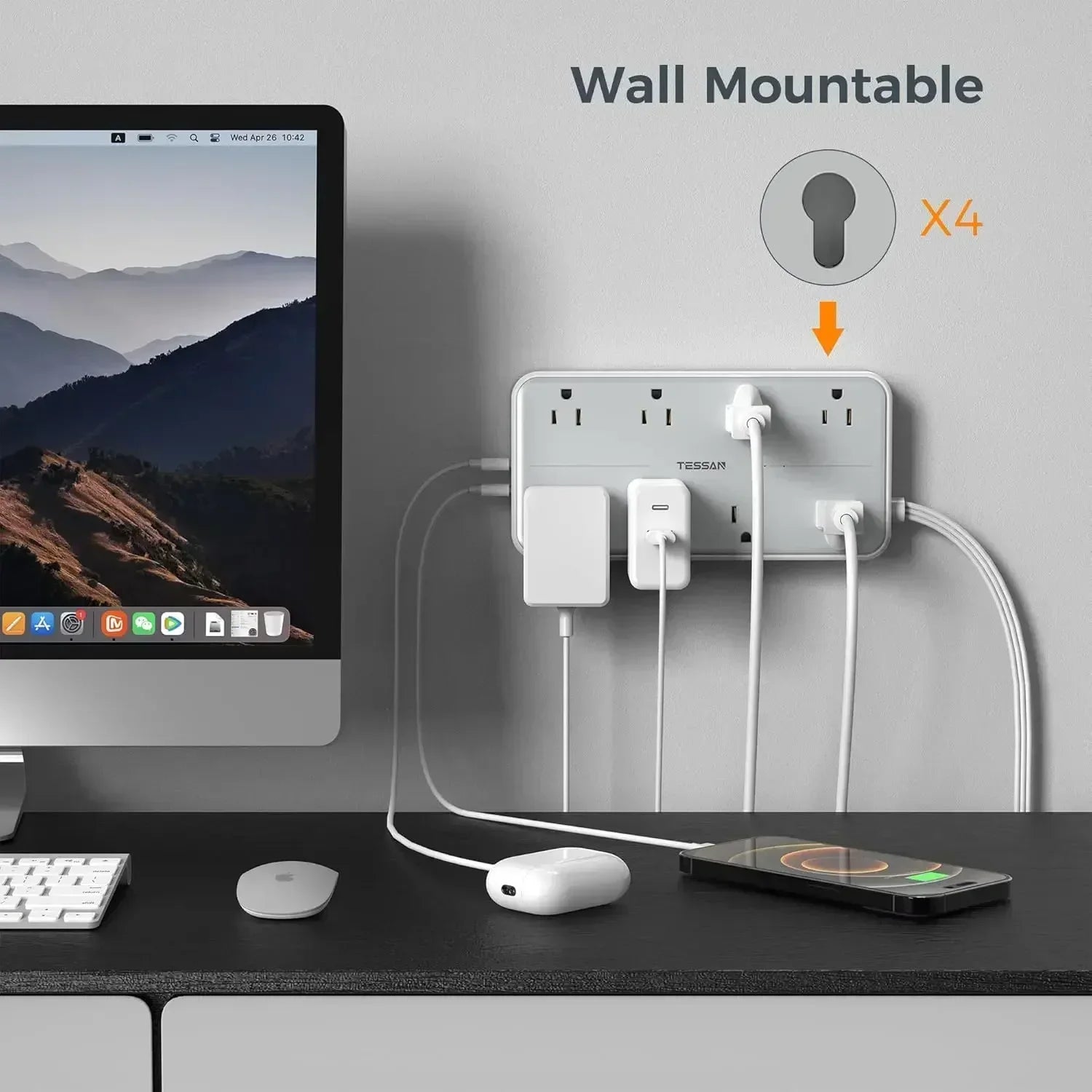 1-TESSAN Electrical Extension Flat Plug Type C Multi-Plug Strap Multi-Plug Connector with 8 AC Outlets and 3 USB Ports (1 Type C)