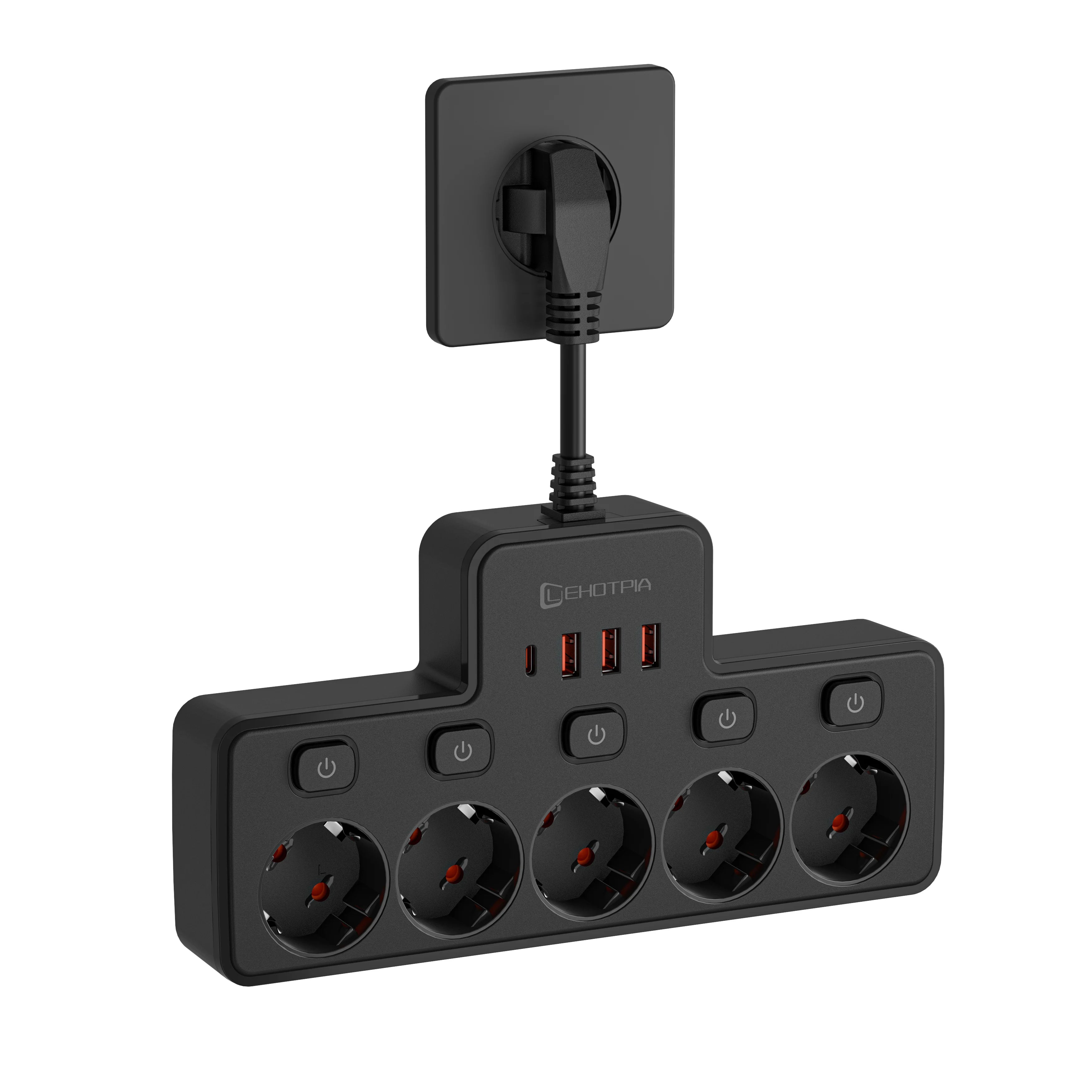 Black power strip with multiple outlets and USB ports on a white background