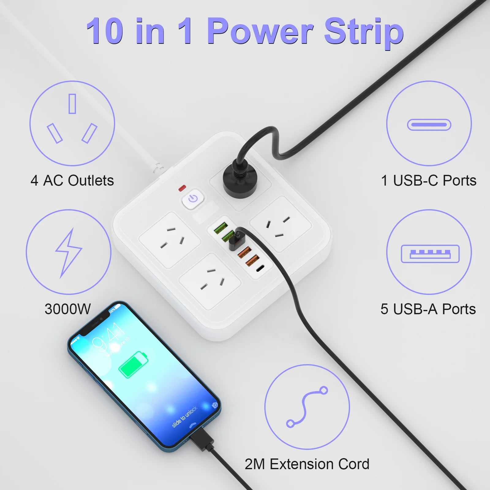 AU Plug Power Board:  AC Outlets,  USB-A,  USB-C, Overload Protection