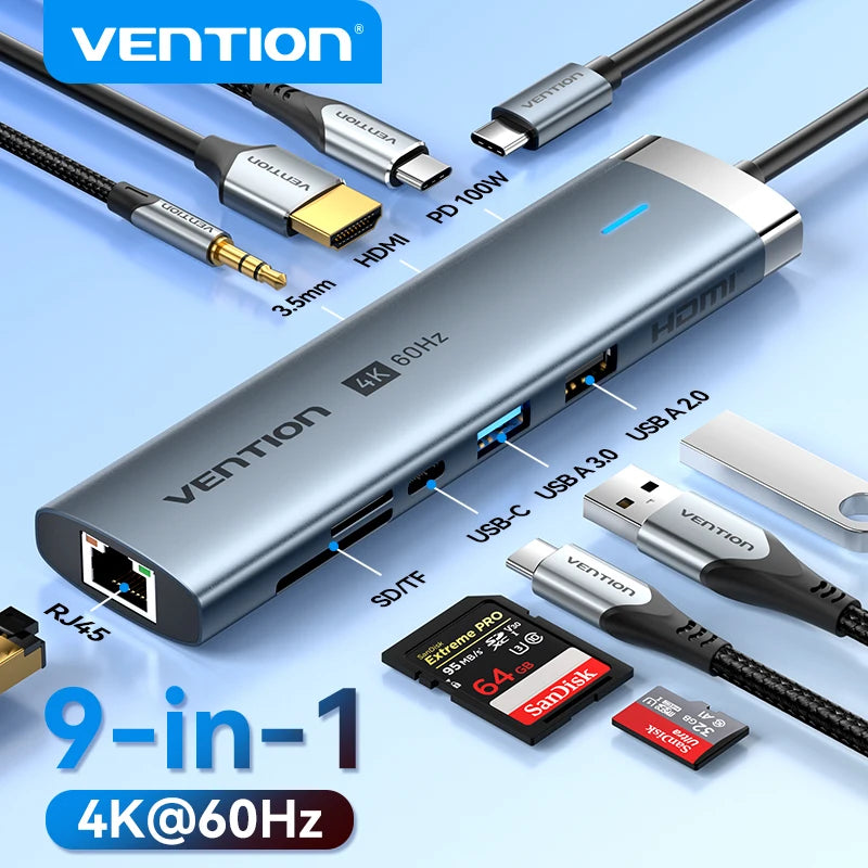 4-Vention 4K60Hz USB C HUB HDMI Adapter Type C to RJ45 Ethernet USB3.0 PD100W SD&TF for Laptop MacBook Pro Docking Station USB HUB