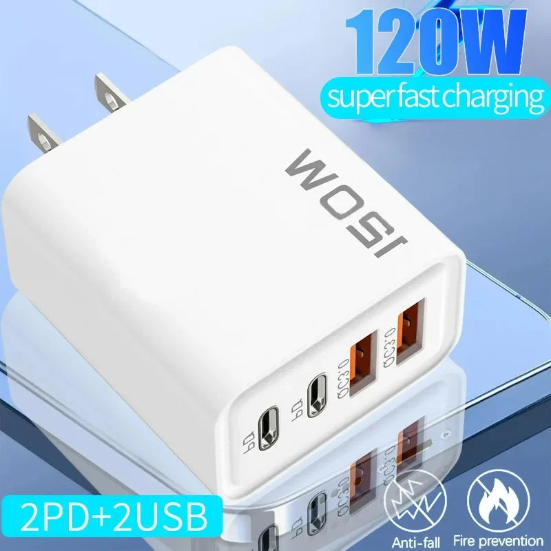 4-120W 4 Port USB Type C Charger Fast Charging Data Cable USB Phone Charger Adapter for Samsung IPhone Xiaomi Huawei Wall Charger
