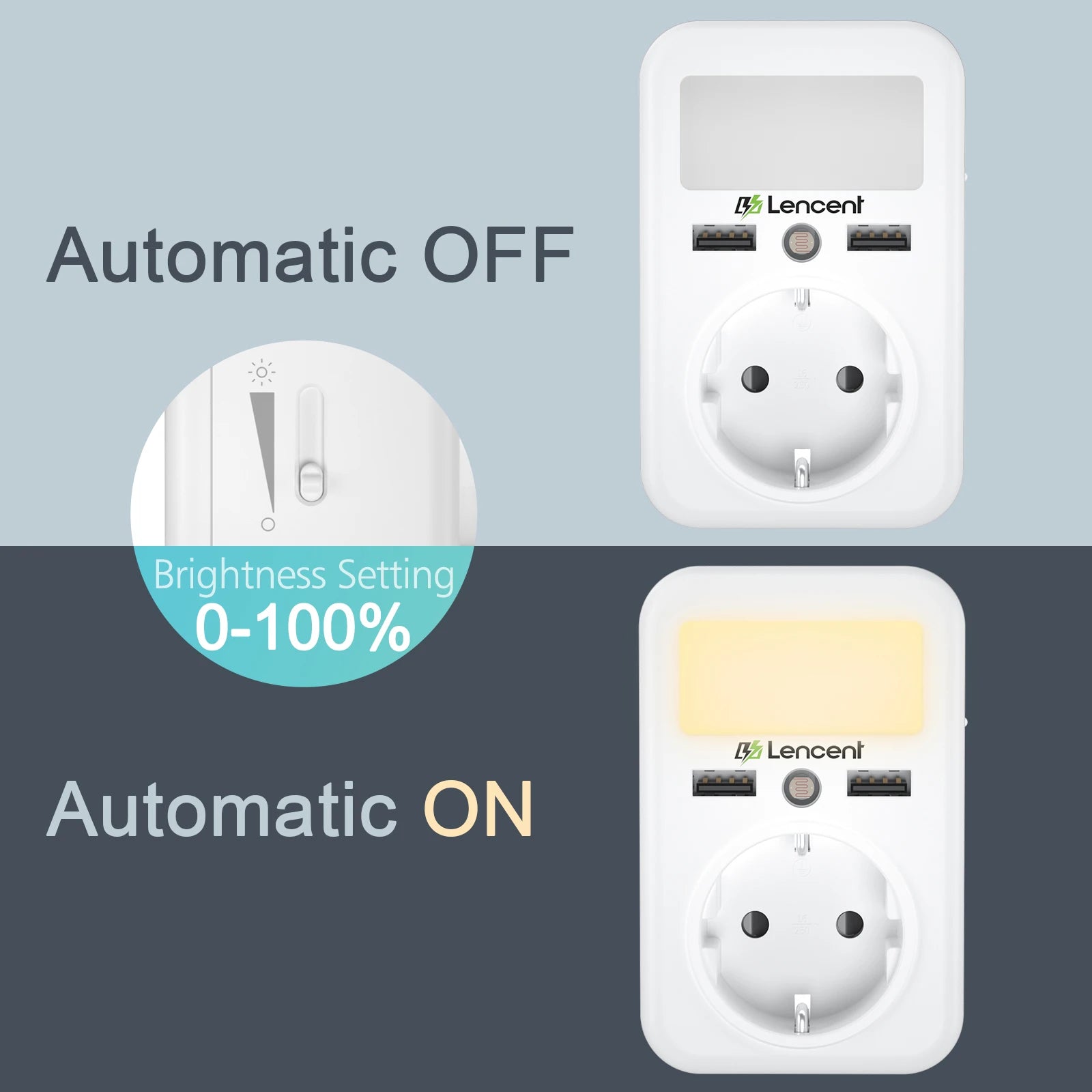 LENCENT EU Plug Wall Socket with 1 AC Outlet 2USB Ports Wall Charger Adapter with Rack Adjustable Nigh Light for Home/Office